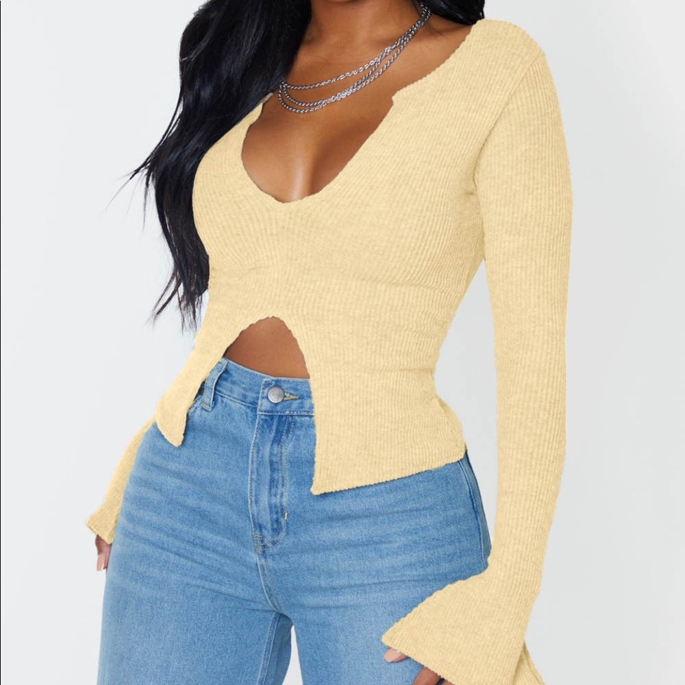 Rib Long Sleeve Slit Top